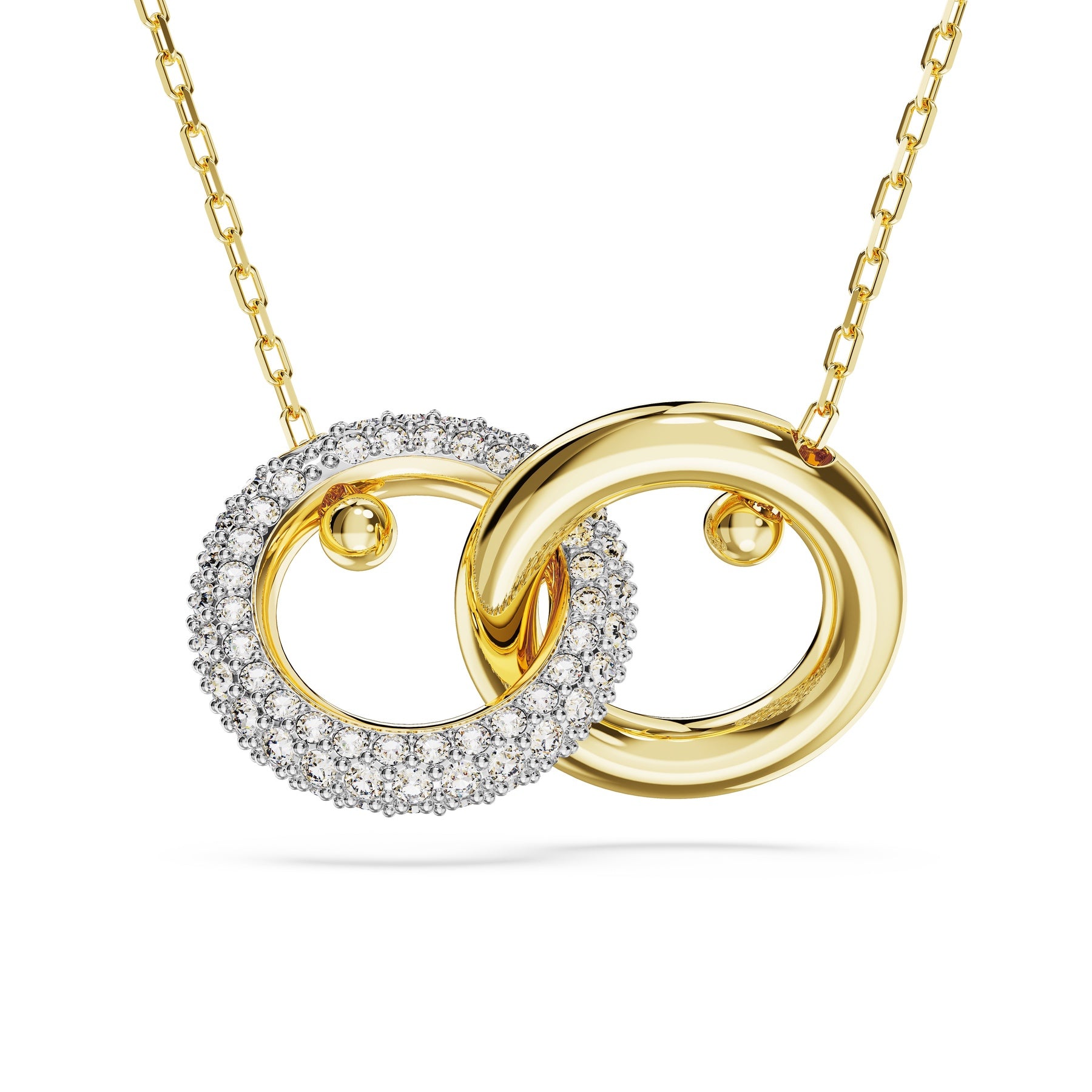 Swarovski Dextera pendant with interlinked gos design featuring sparkling crystal accents and a silver-tone chain.