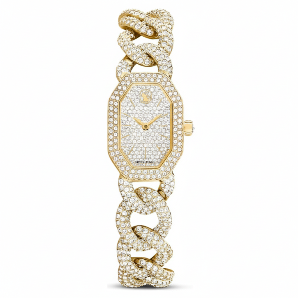 Swarovski Dextera gold-tone chain watch with Swiss movement and crystal bracelet, elegant jewelry accessory.
