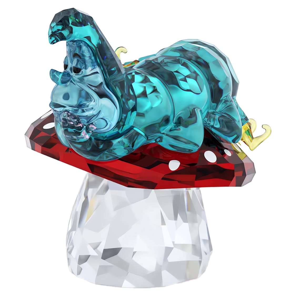 Swarovski Alice in Wonderland Caterpillar figurine with intricate crystal details and vibrant colors on a clear display stand.