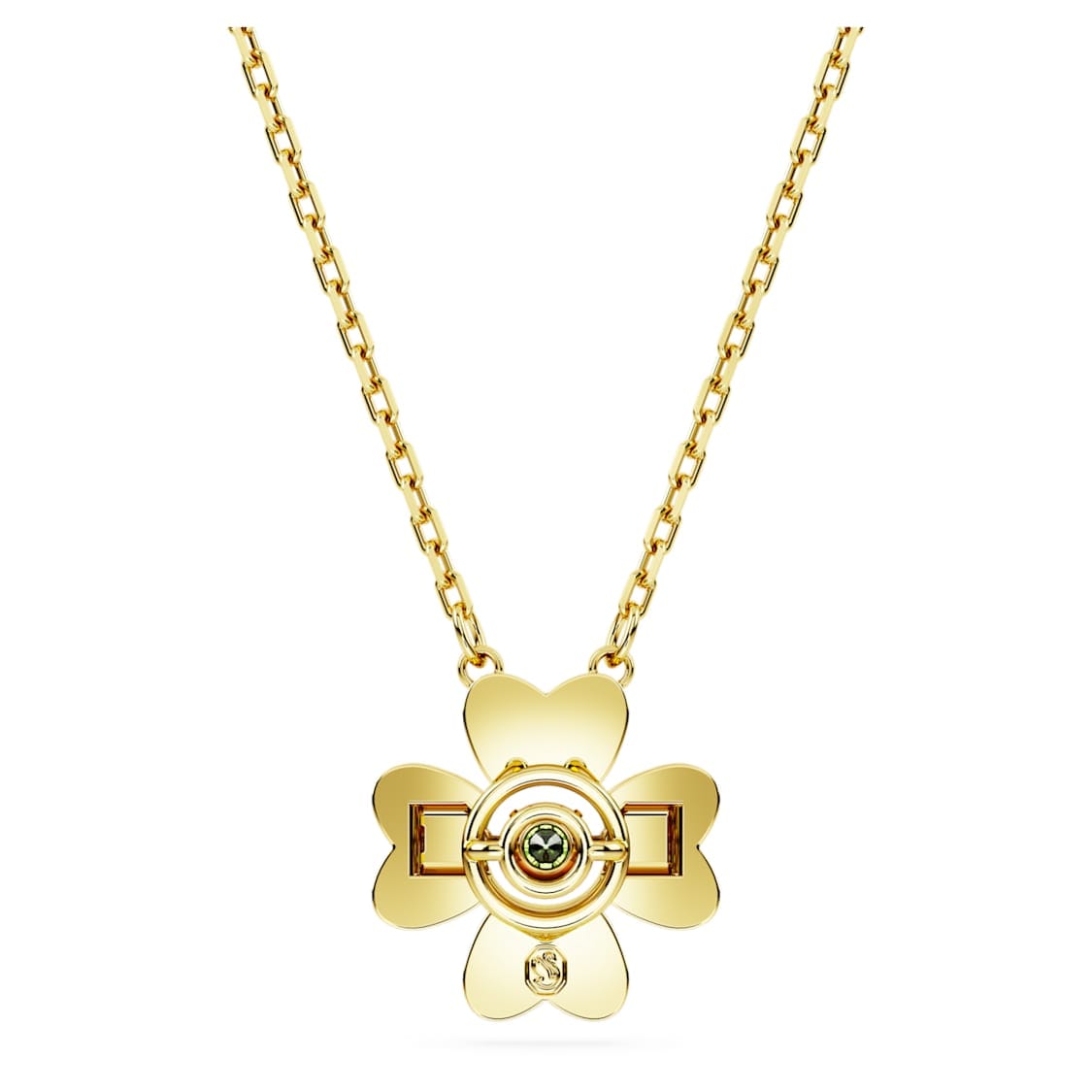 Swarovski Idyllia pendant featuring a green clover design with gold-tone plating, sparkling crystals, and delicate chain.