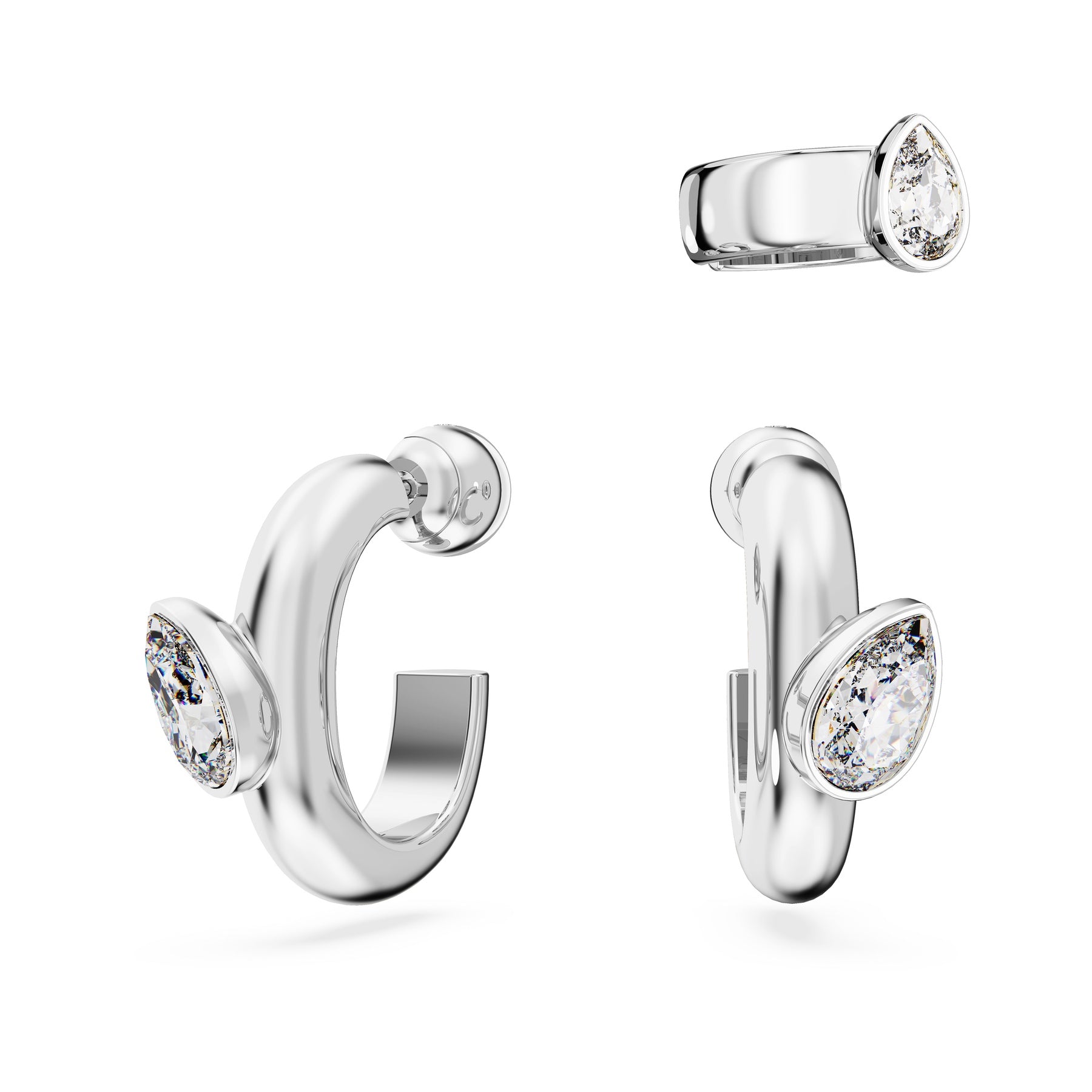 Swarovski Dextera hoop earrings with ear cuff set featuring pear-cut white crystals, rhodium-plated metal, elegant jewelry set