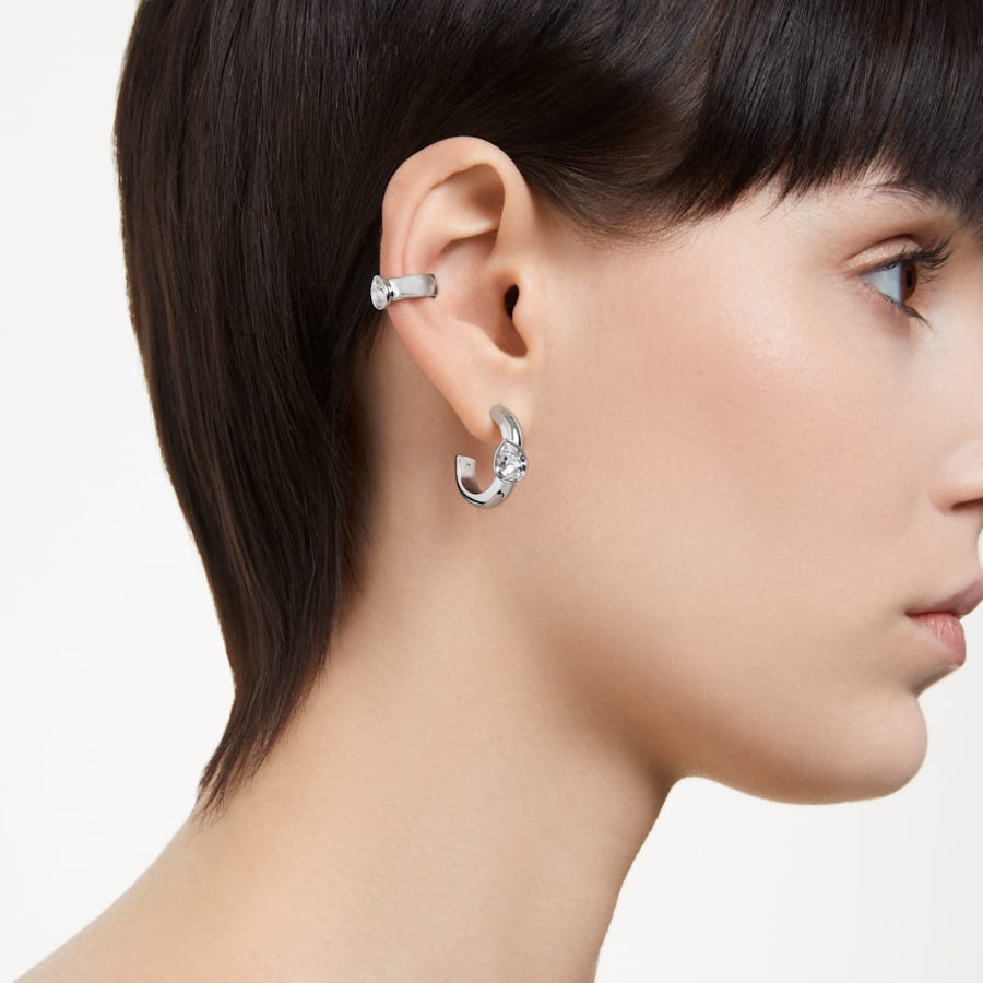 Swarovski Dextera hoop earrings with pear-cut white crystals and rhodium plating, includes ear cuff set in a three-piece jewelry set.