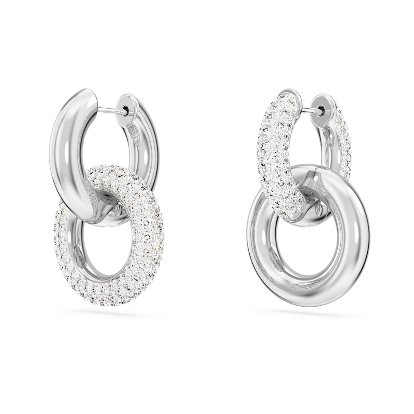 Swarovski Dextera hoop earrings with asymmetrical interlocking loops in white rhodium plating, showcasing elegant jewelry design