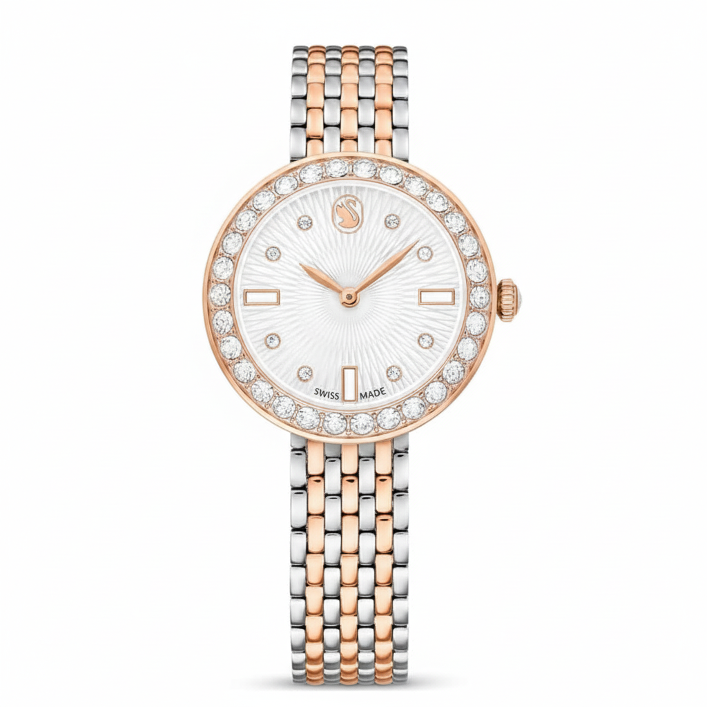 Swarovski Matrix Tennis 7-link Swiss Made watch with rose gold-tone metal bracelet and mixed metal finish.