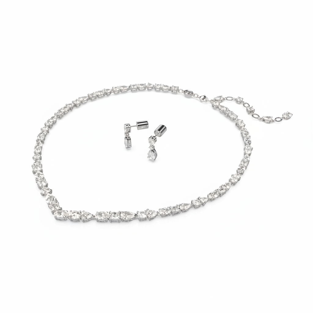 Swarovski Mesmera jewelry set with mixed-cut white crystals, rhodium-plated for a sleek, elegant look.