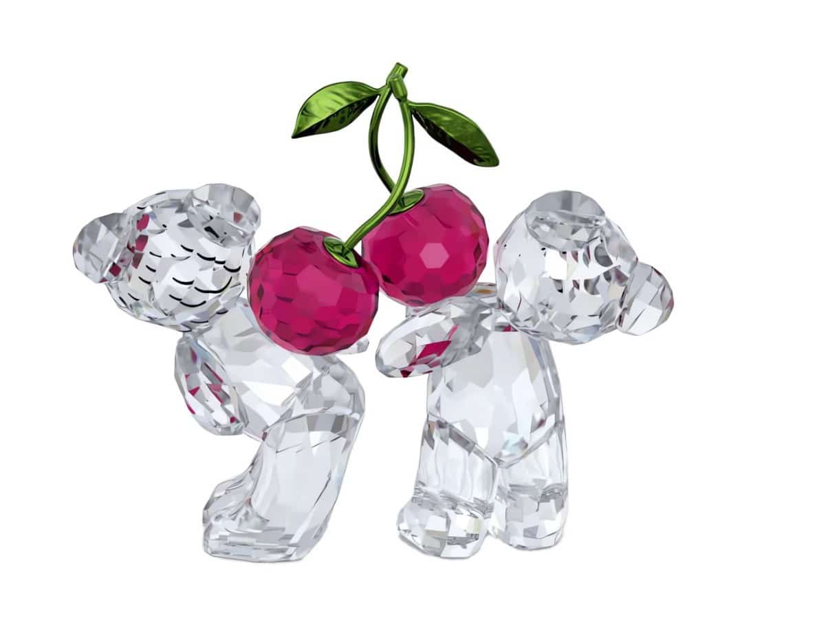 Swarovski Kris Bear Always Together figurine with two crystal bears holding a heart, detailed with sparkling clear Swarovski crystals.