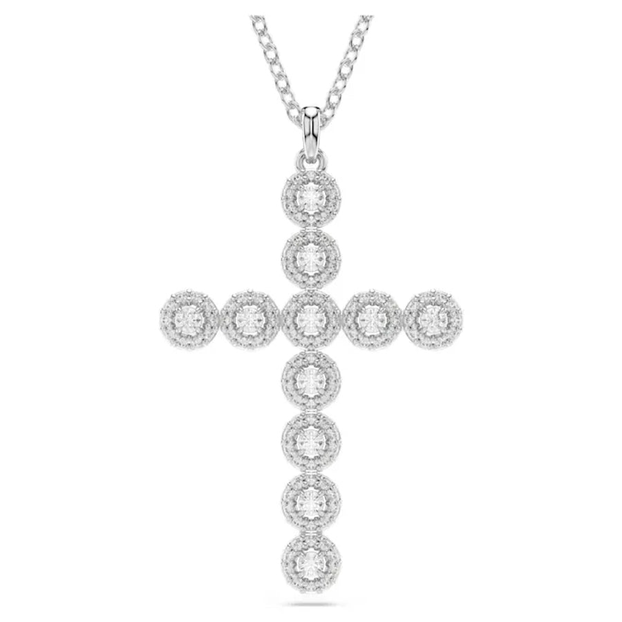 Swarovski Insigne Pendant with mixed cut crystals, white rhodium plating, and cross design, showcasing sparkling jewelry craftsmanship.