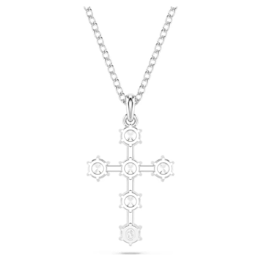 Swarovski Insigne pendant featuring a round cut cross design with white rhodium plating and sparkling crystal accents.
