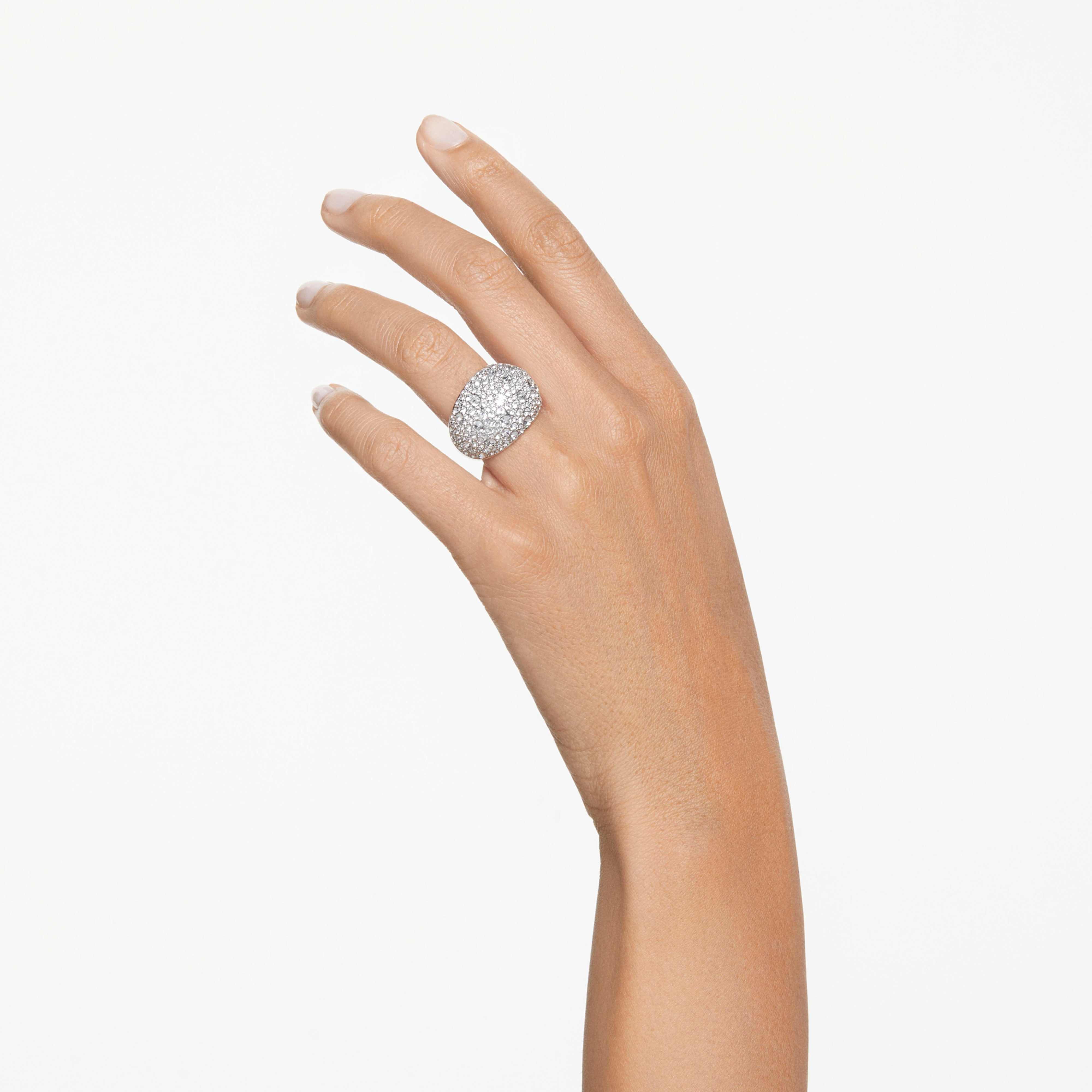 Swarovski Luna cocktail ring featuring a white moon design with rhodium plating and sparkling crystal accents.