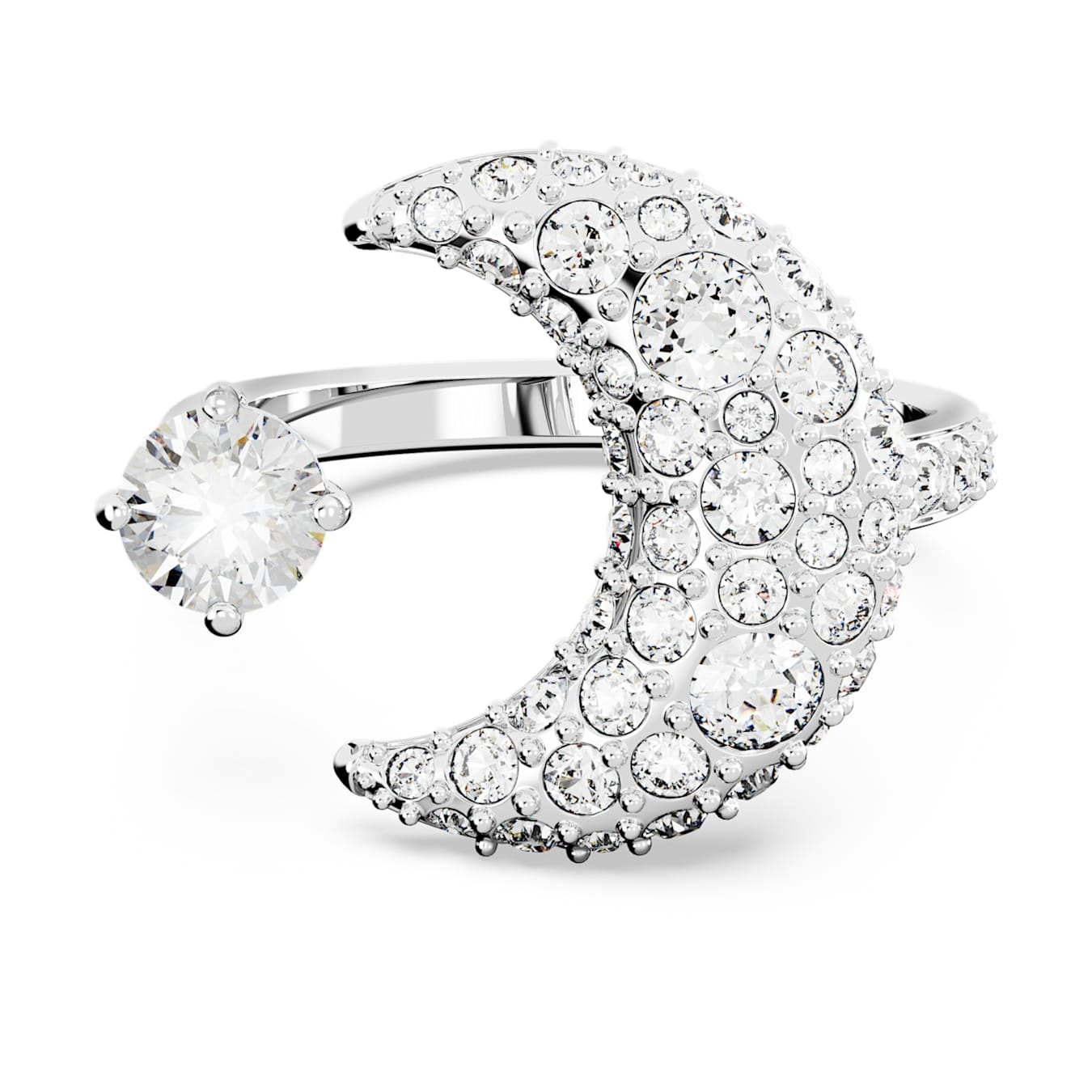 Swarovski Luna open ring with moon design, white crystal accents, rhodium-plated finish, elegant jewelry accessory