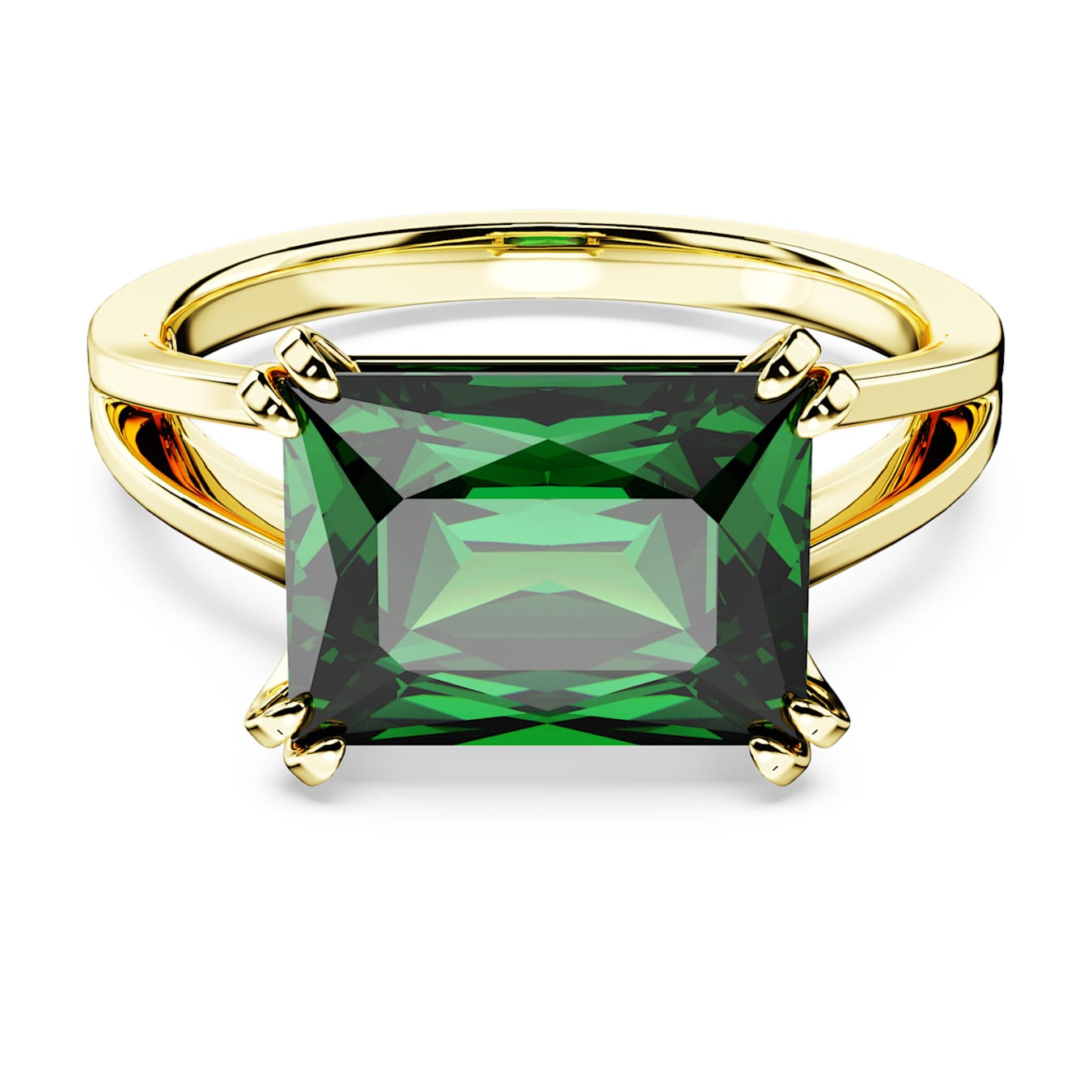 Swarovski Stilla cocktail ring with a rectangular green crystal and gold-tone plated band, showcasing elegant jewelry design.