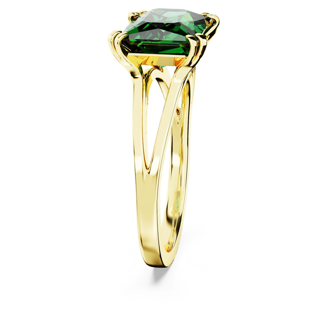 Swarovski Stilla cocktail ring with rectangular green crystal and gold-tone plated band, elegant jewelry accessory.
