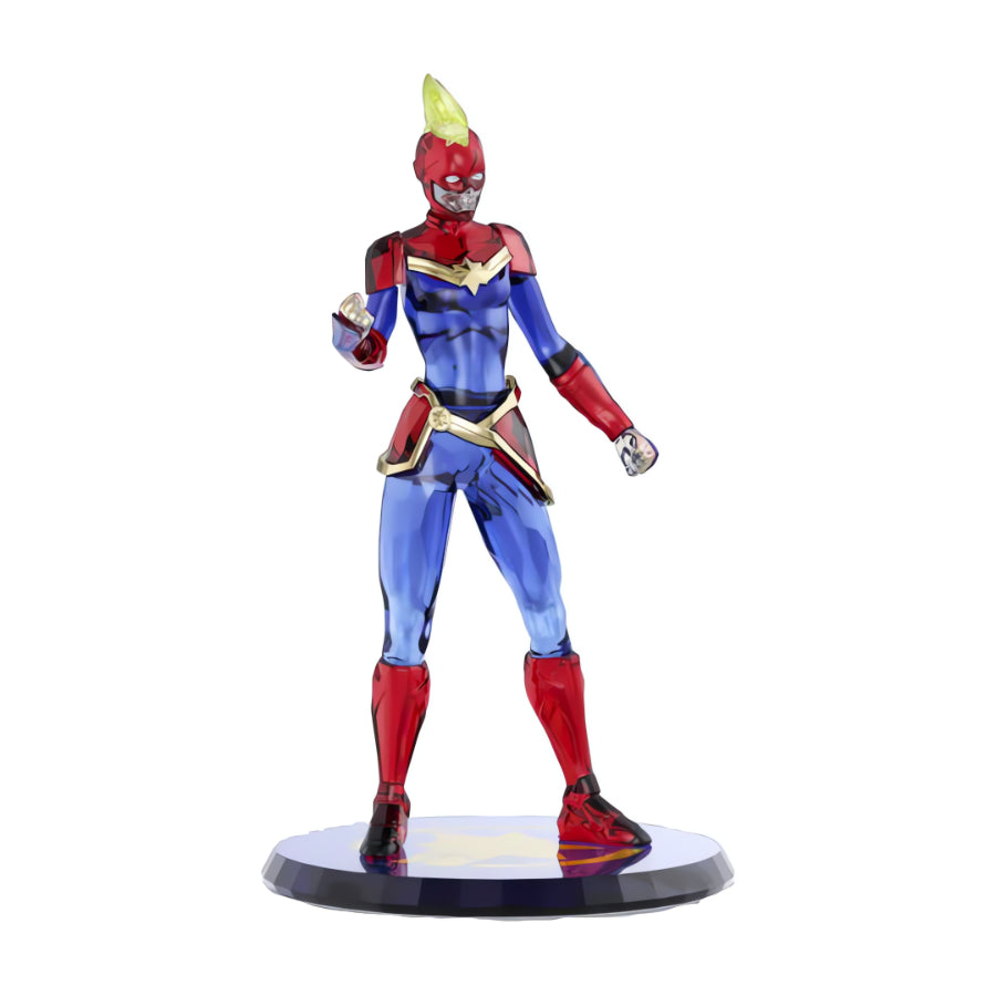 Swarovski Marvel Captain Marvel figurine with sparkling crystal details and vibrant red and gold costume.
