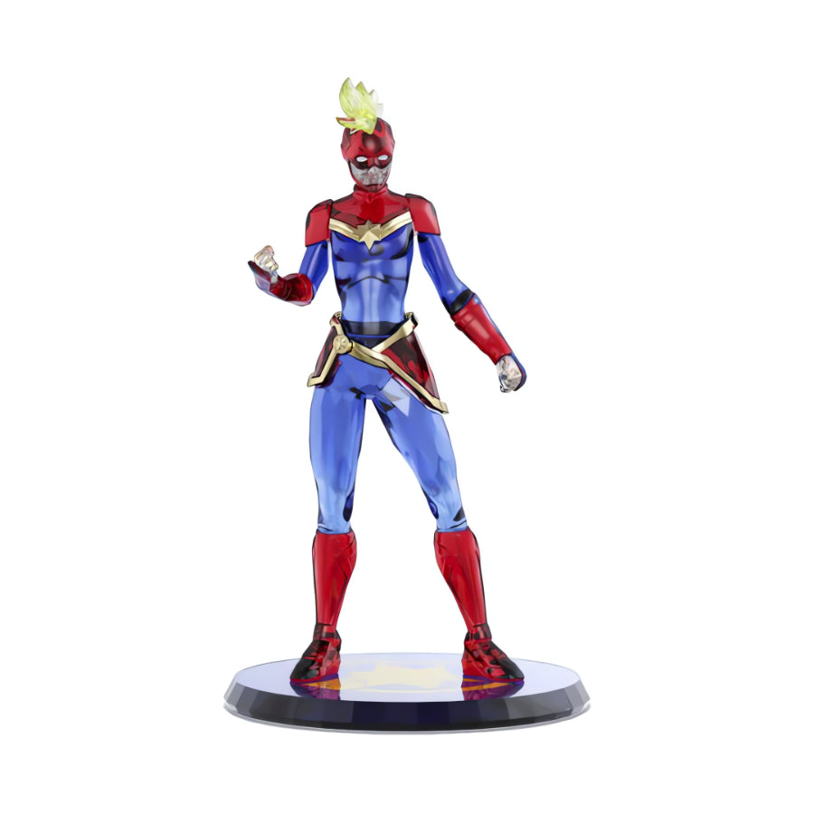Swarovski Marvel Captain Marvel figurine with sparkling crystal details, showcasing the superhero in her iconic costume.