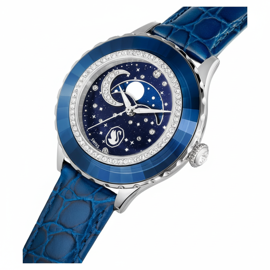 Swarovski Octea Moon Swiss Made watch with blue leather strap and moon dial, showcasing elegant timepiece design.