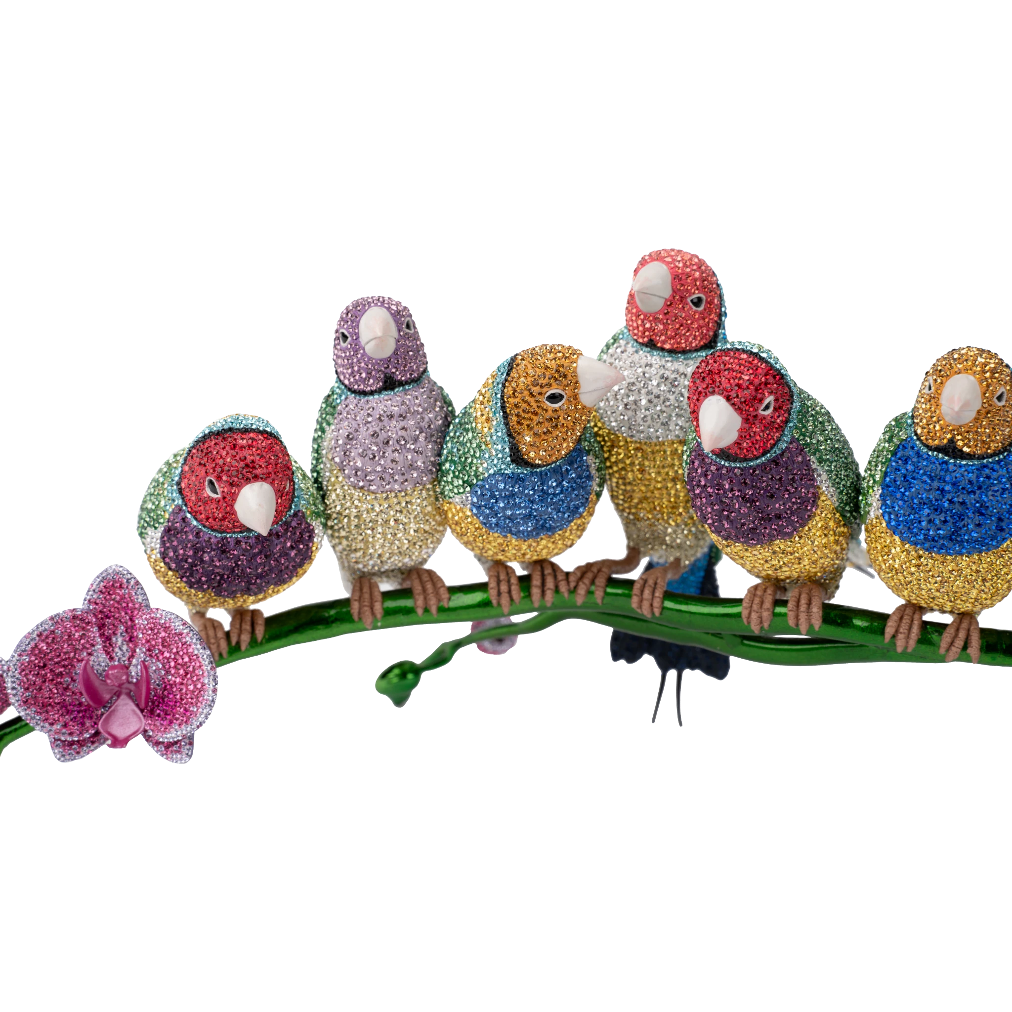 Limited edition Swarovski Crystal Myriad Gouldian Finches sculpture, showcasing colorful, detailed bird figures.