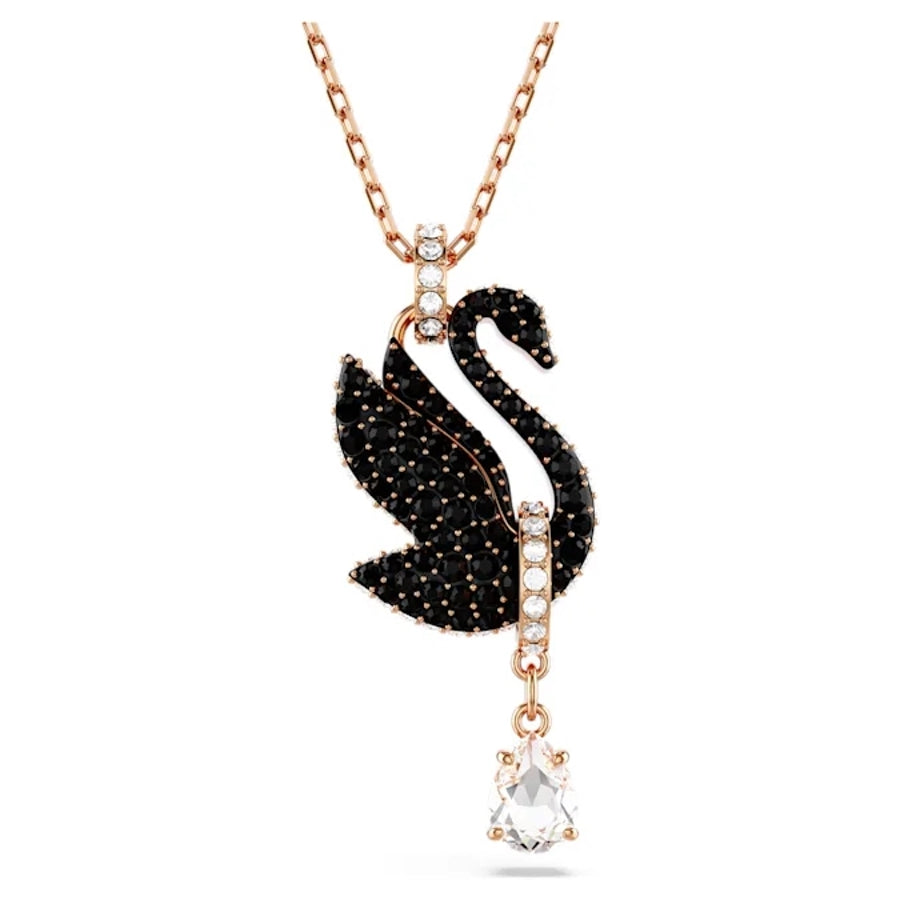 Swarovski black swan pendant with rose gold-tone plating, featuring intricate crystal detailing and elegant design.