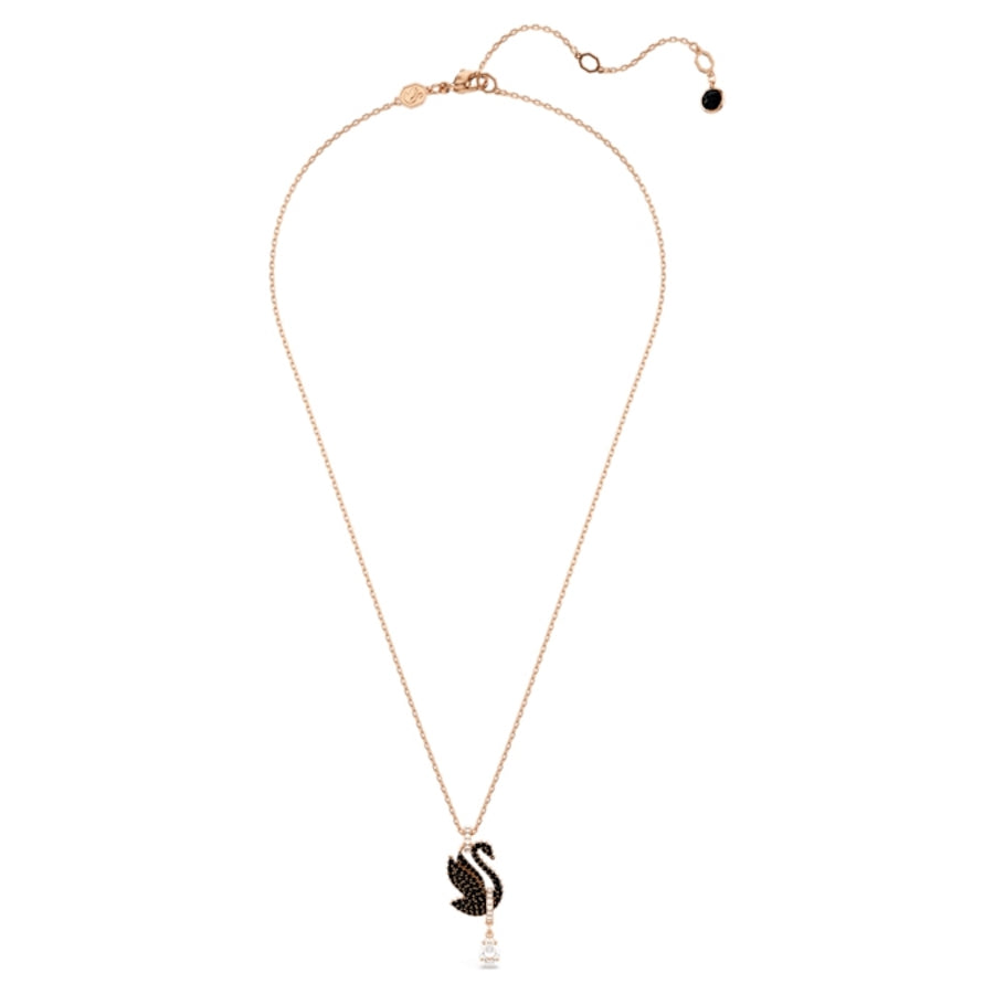 Swarovski Swan Pendant in black crystal with rose gold-tone plated finish, featuring a sleek, elegant swan design.