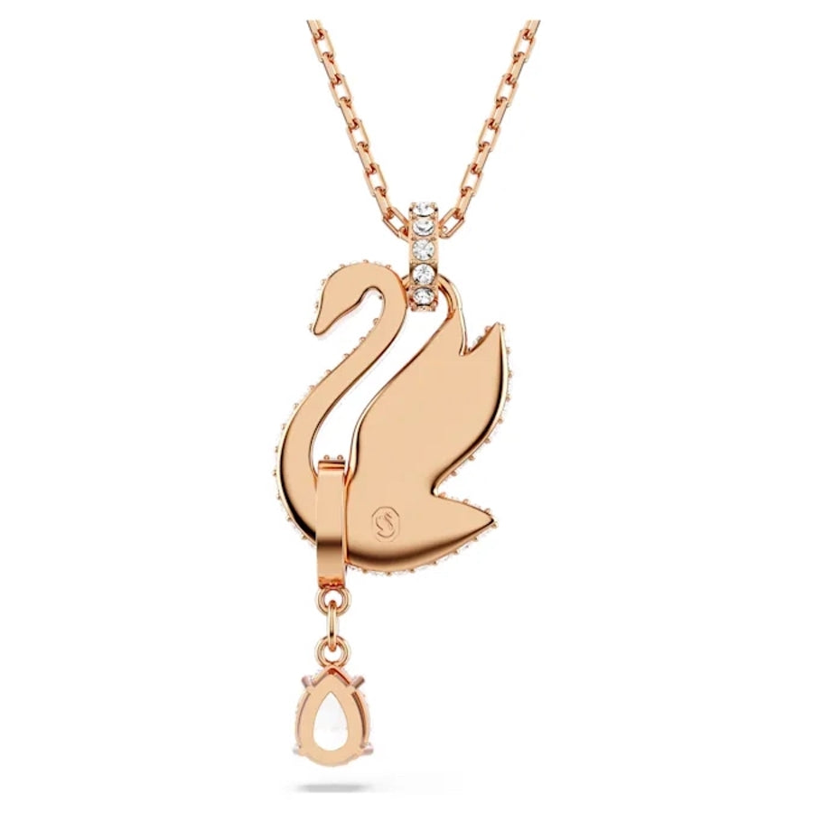 Swarovski black rose gold-tone plated swan pendant with intricate detailing, hanging from a delicate chain.