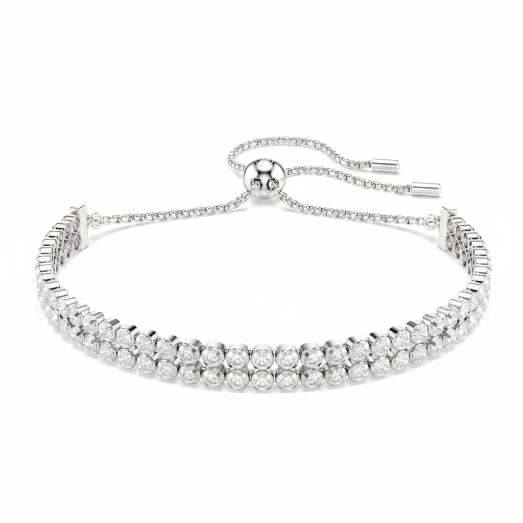 Swarovski Matrix tennis bracelet featuring sparkling crystal stones and a sleek silver-tone design.