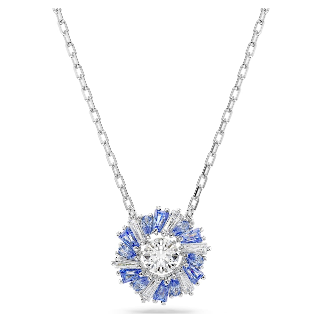Swarovski Idyllia pendant featuring a blue flower design with rhodium plating, showcasing intricate crystal craftsmanship.