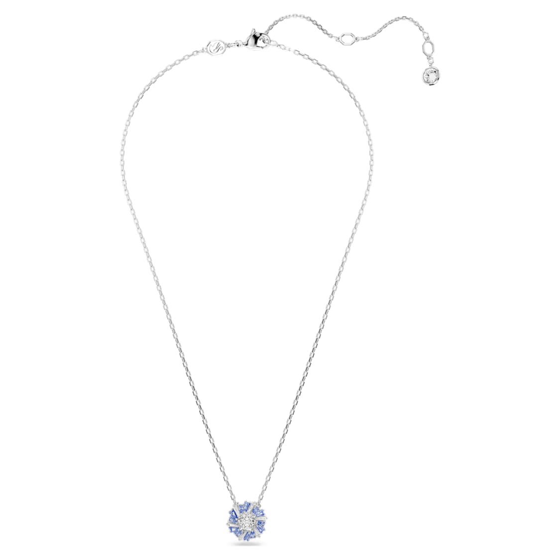 Swarovski Idyllia pendant featuring a blue flower design with rhodium plating, showcasing intricate crystal craftsmanship.