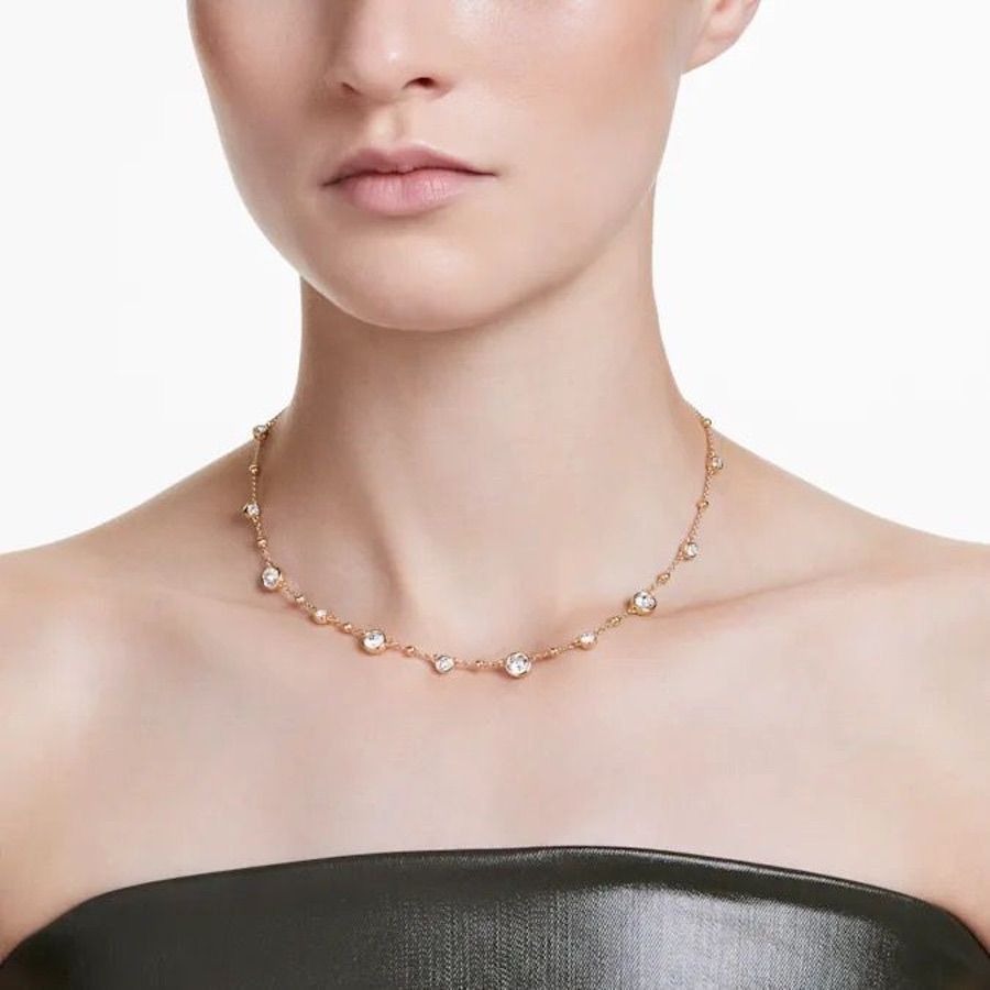 Swarovski Imber necklace with round cut crystals in a scattered design, white gold-tone plated, elegant jewelry accessory
