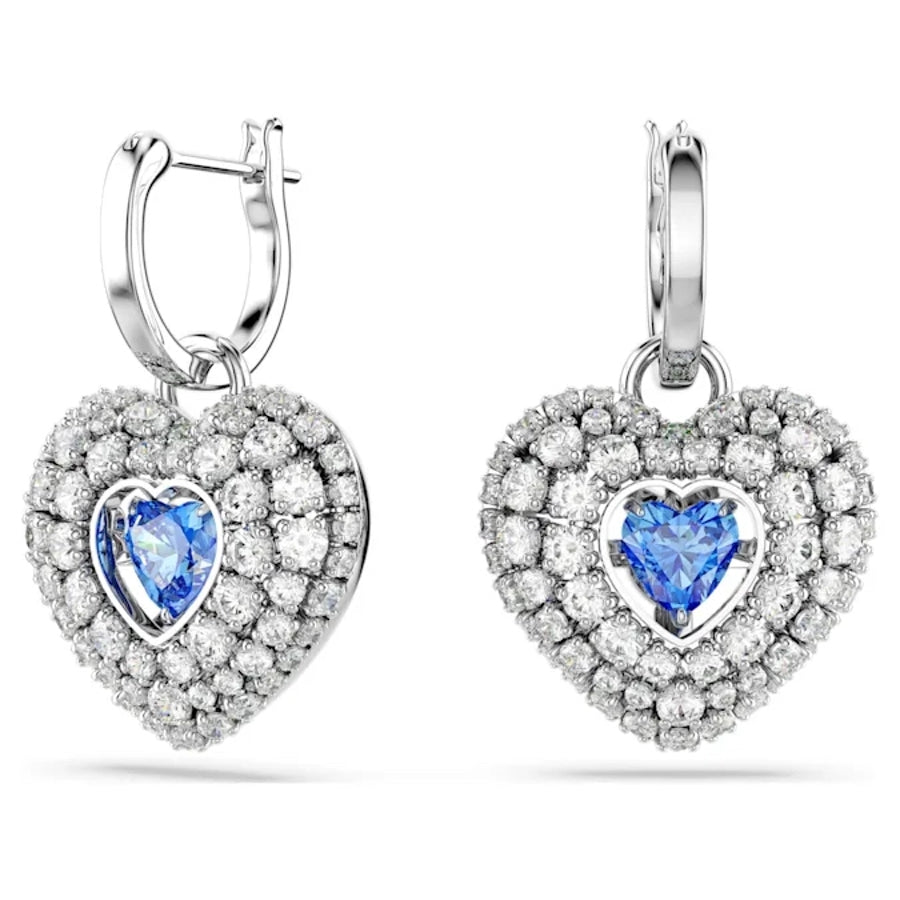 Swarovski Hyperbola Drop Earrings with blue heart-shaped crystals and rhodium-plated accents, elegant jewelry for special occasions.