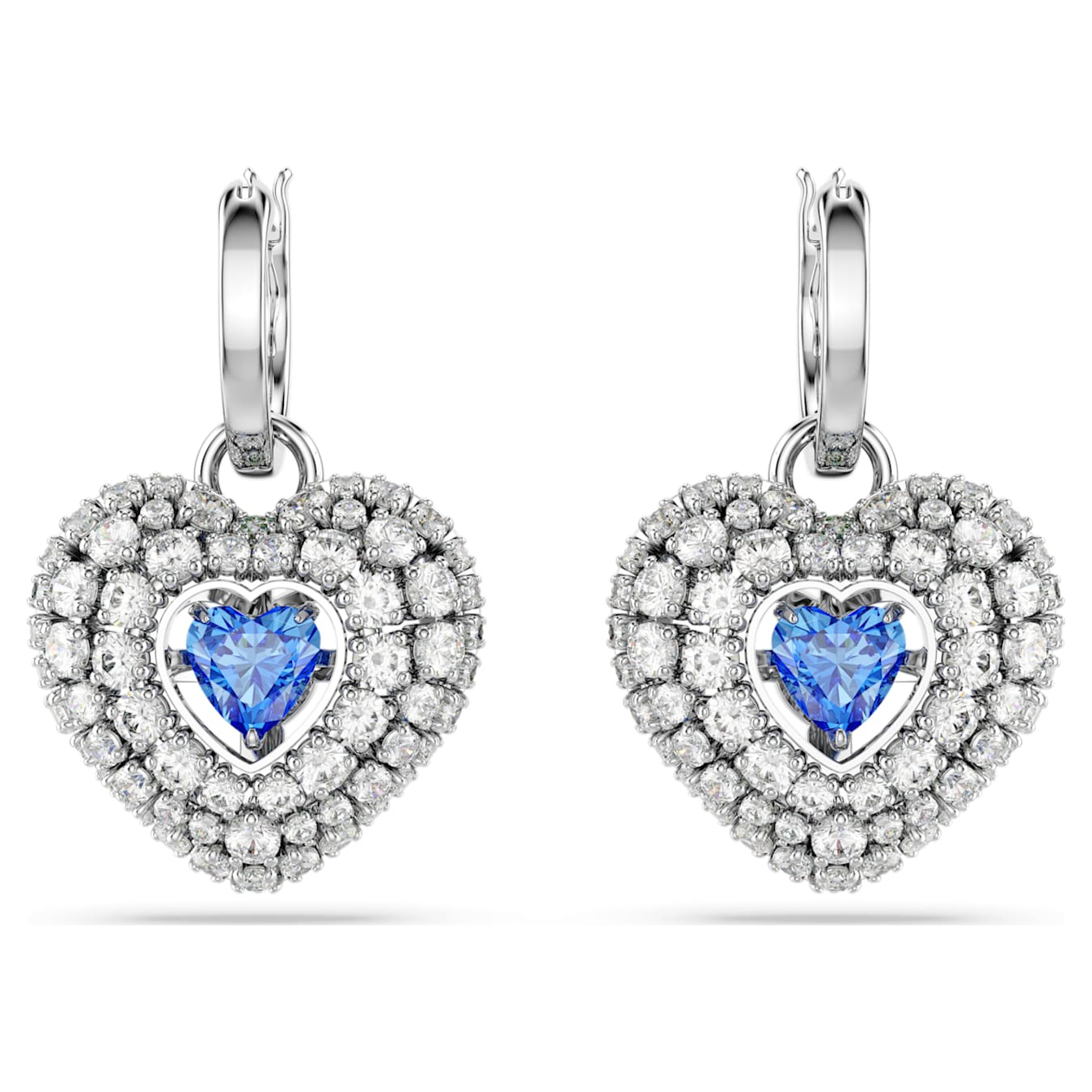 Swarovski Hyperbola Drop Earrings with heart-shaped blue crystals and rhodium plating, elegant jewelry for special occasions