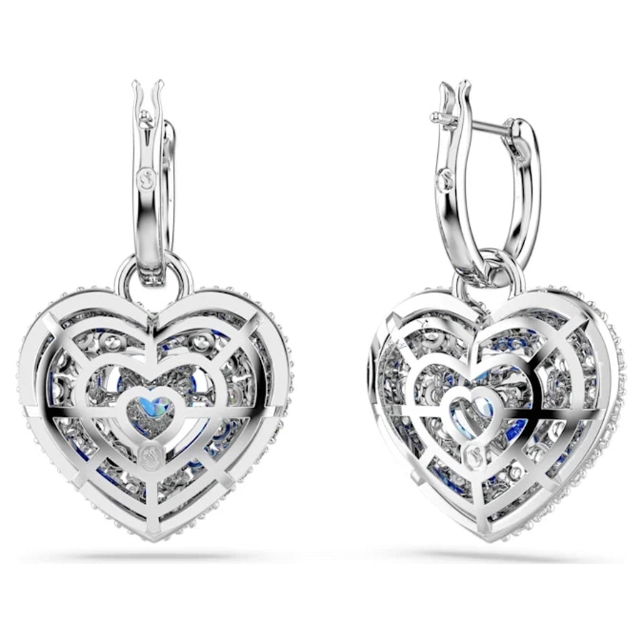 Swarovski Hyperbola Drop Earrings with blue heart-shaped crystals and rhodium plating, elegant jewelry for special occasions.