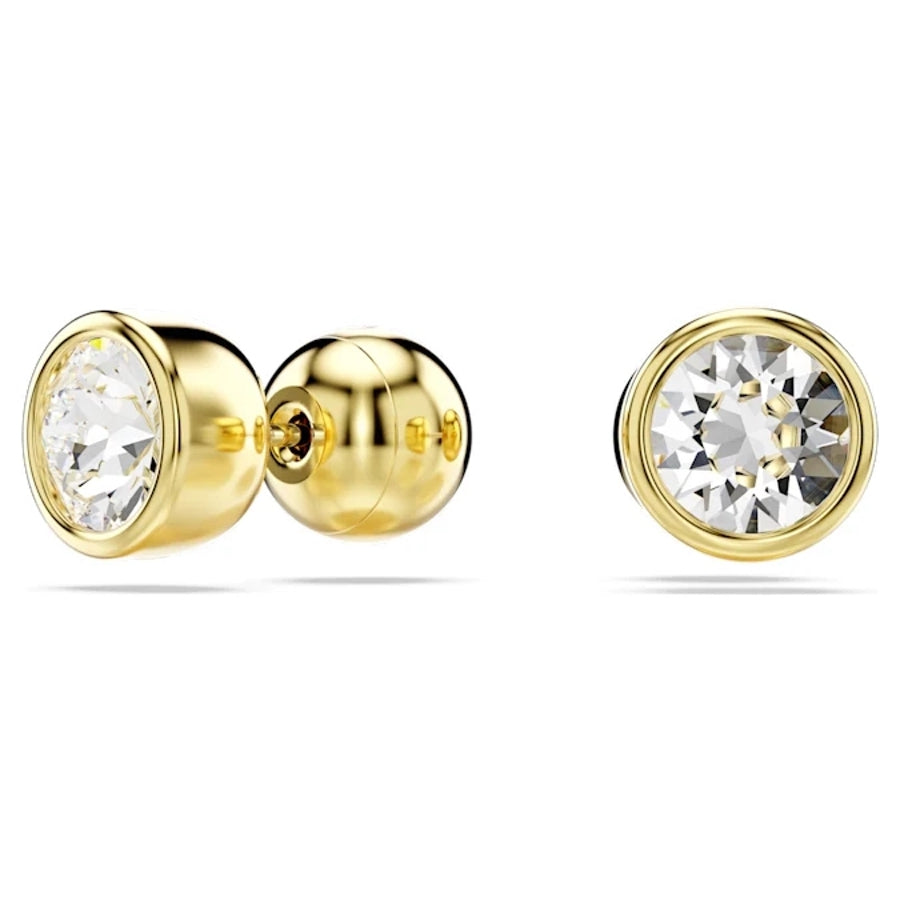 Swarovski Imber stud earrings with round cut crystals in white gold-tone plated setting, showcasing elegant jewelry design