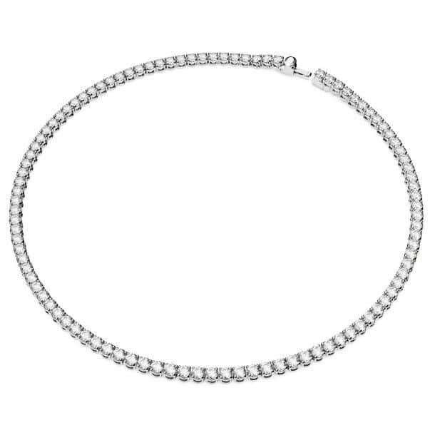 Swarovski Matrix tennis necklace with round cut white crystals, rhodium-plated, showcasing a sleek and elegant jewelry design.