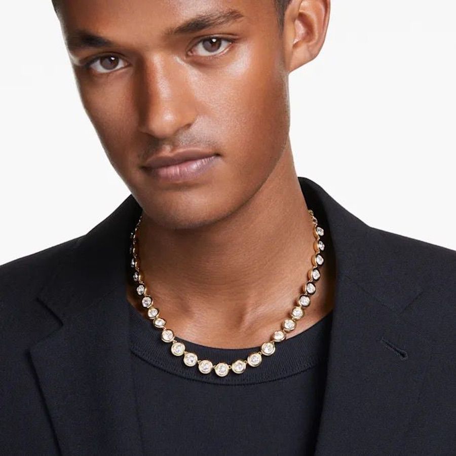 Swarovski Imber necklace with round cut crystals in white gold-tone plating, featuring elegant jewelry design and sparkling gemstone details.