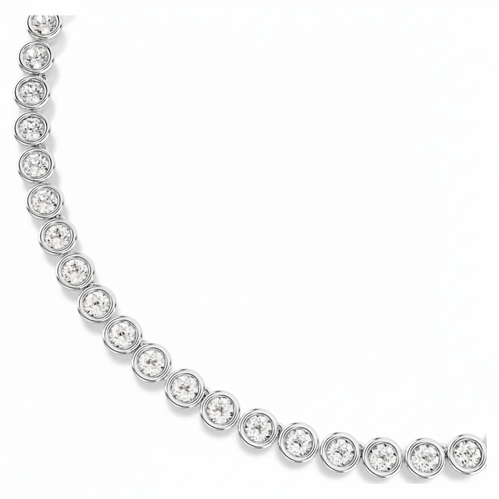 Swarovski Imber tennis necklace with round cut white crystals, rhodium plated, elegant jewelry piece with sparkling gemstone design.