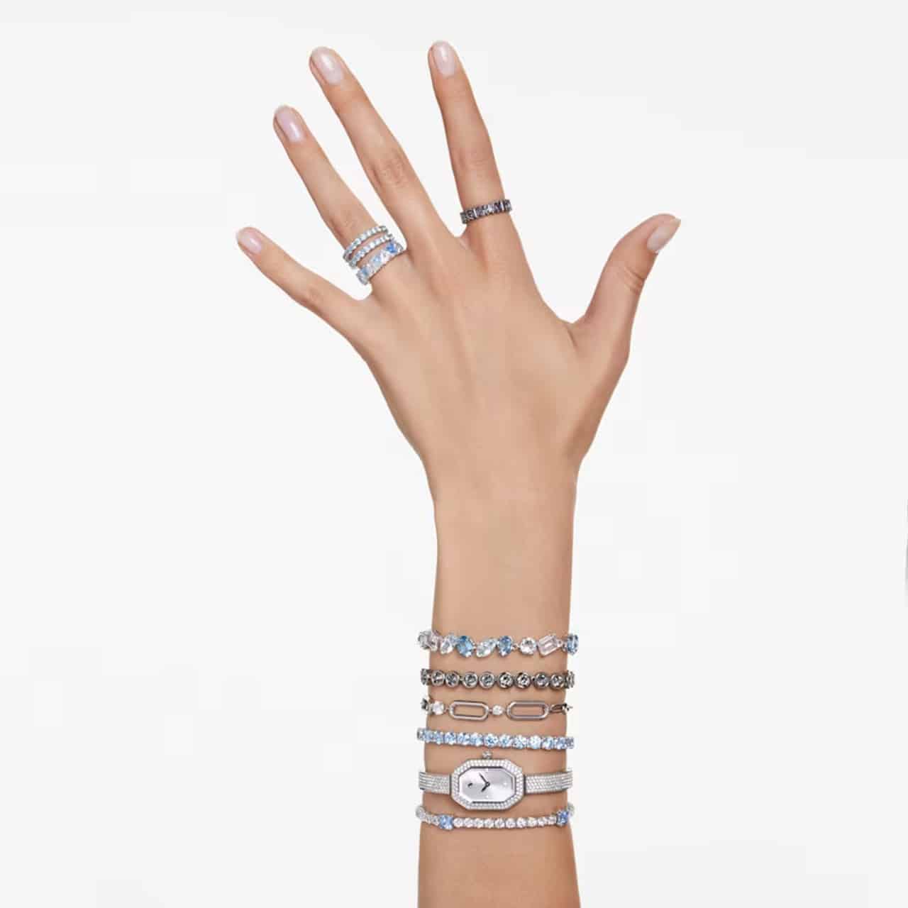 Swarovski Constella bracelet in white with rhodium plating, featuring sparkling crystal accents and delicate chain design.