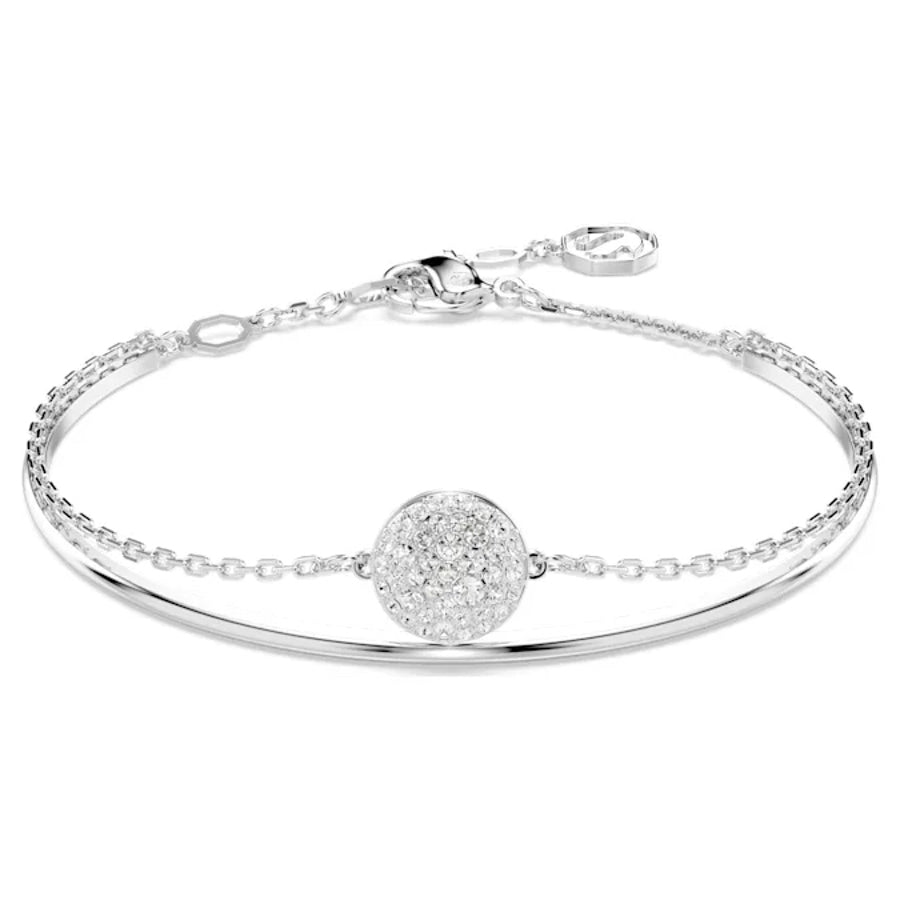 Swarovski Meteora Bangle in white rhodium plating, featuring sparkling crystal accents and a sleek, modern design.