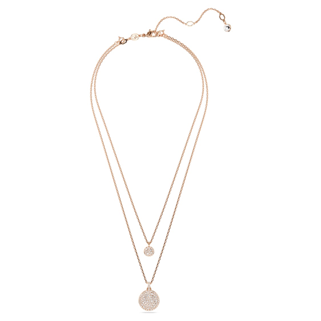 Swarovski Meteora layered pendant with white rose gold-tone plating, featuring sparkling crystal accents and elegant design.