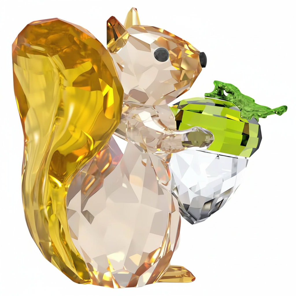 Swarovski Idyllia squirrel and acorn figurine with clear crystal detailing, showcasing intricate craftsmanship and elegant design.