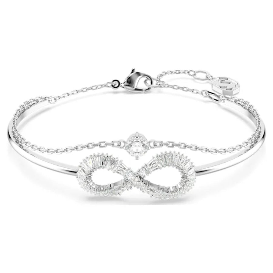 Swarovski Hyperbola Bangle Infinity in white rhodium plating, featuring sleek, modern design with sparkling crystal accents.