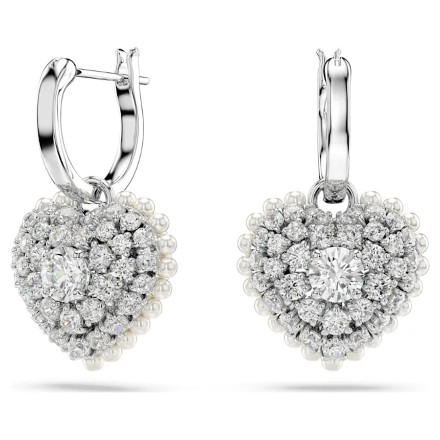 Swarovski Hyperbola Drop Earrings with heart-shaped white crystals, silver-tone rhodium plating, elegant jewelry accessory.