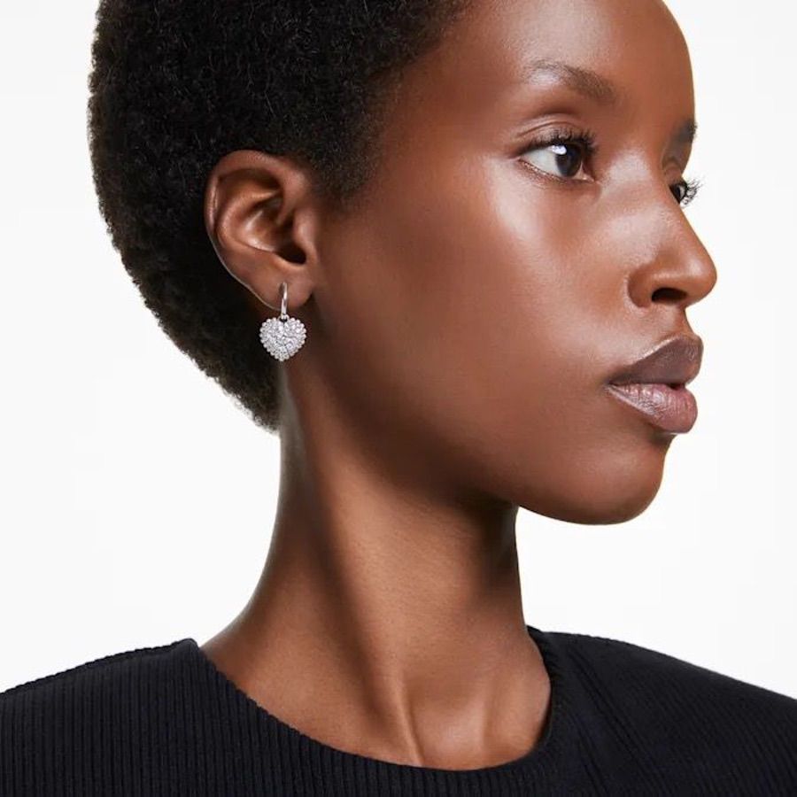 Swarovski Hyperbola Drop Earrings with Heart design, white rhodium plated, featuring sparkling crystal accents.