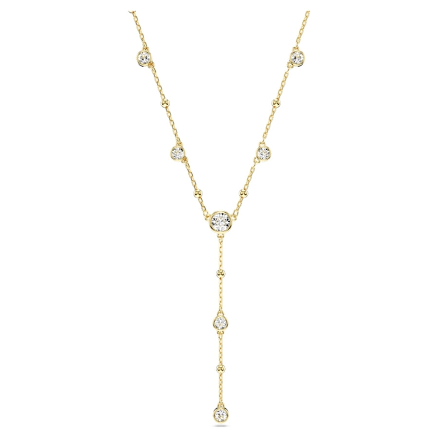 Swarovski Imber Y necklace with round cut stones and scattered design in white gold-tone plating, elegant jewelry piece.