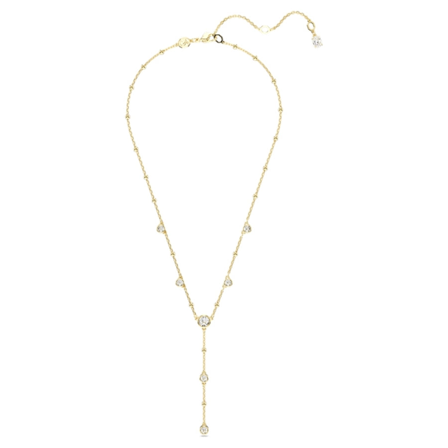 Swarovski Imber Y necklace with round cut stones and scattered design in white gold-tone plated metal, showcasing elegant jewelry.