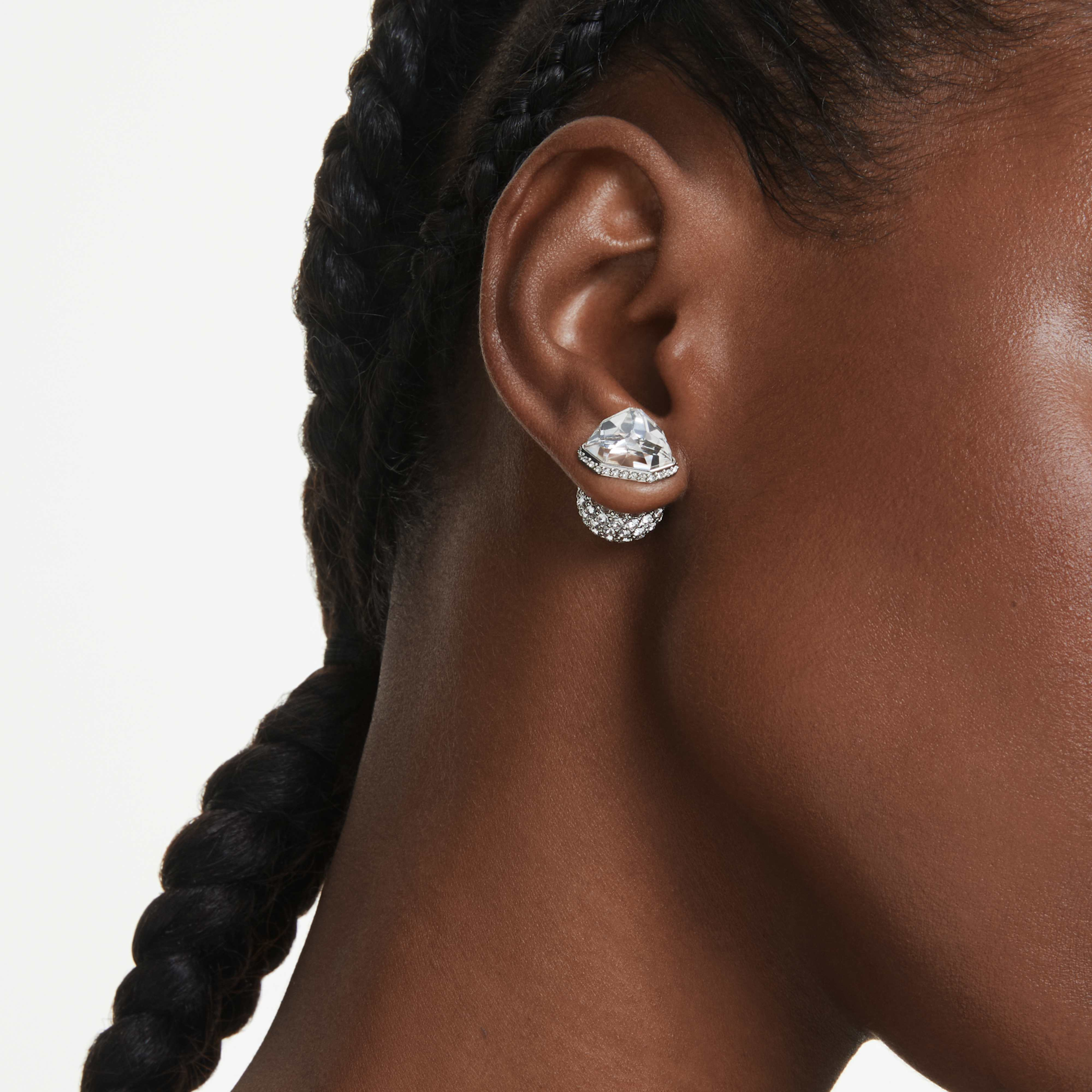Swarovski Lucent Pavé ball stud earrings in white with rhodium plating, featuring sparkling crystal details.
