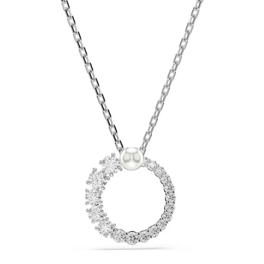 Swarovski Matrix pendant featuring a round white crystal pearl and rhodium-plated setting, elegant jewelry accessory.