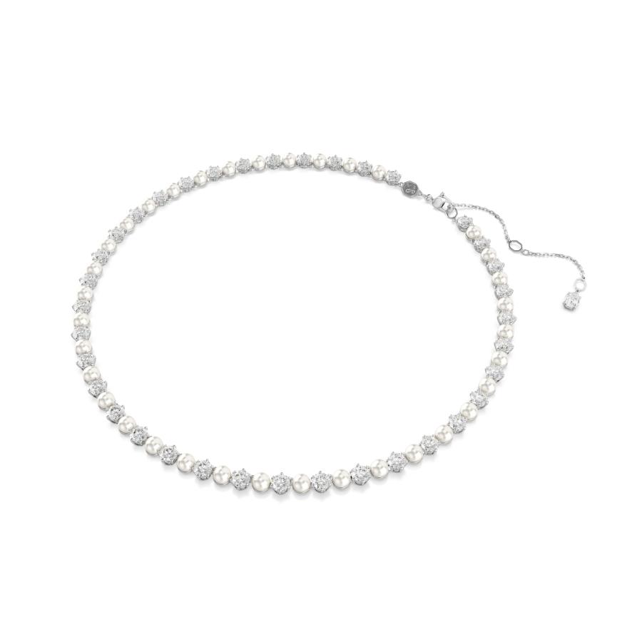 Swarovski Matrix tennis necklace with crystal pearls, round cut white crystals, rhodium plated, elegant jewelry piece