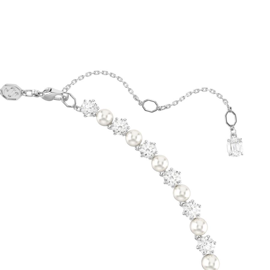 Swarovski Matrix tennis necklace with round cut white crystals, pearl accents, rhodium plating, elegant jewelry for special occasions.