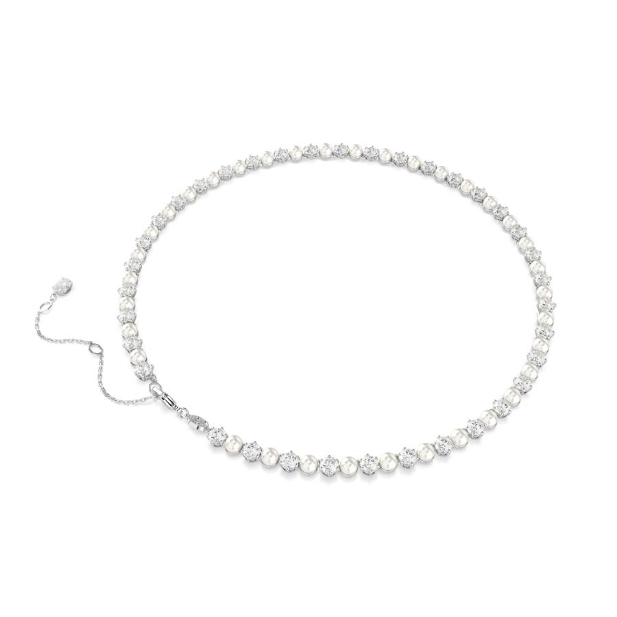 Swarovski Matrix tennis necklace with crystal pearls, round cut white stones, rhodium plated design, elegant jewelry piece