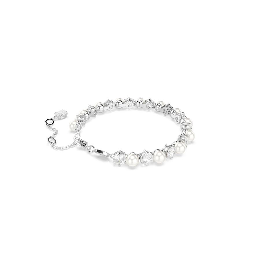 Swarovski Matrix tennis bracelet with sparkling crystal stones and silver-tone metal, showcasing elegant jewelry design.
