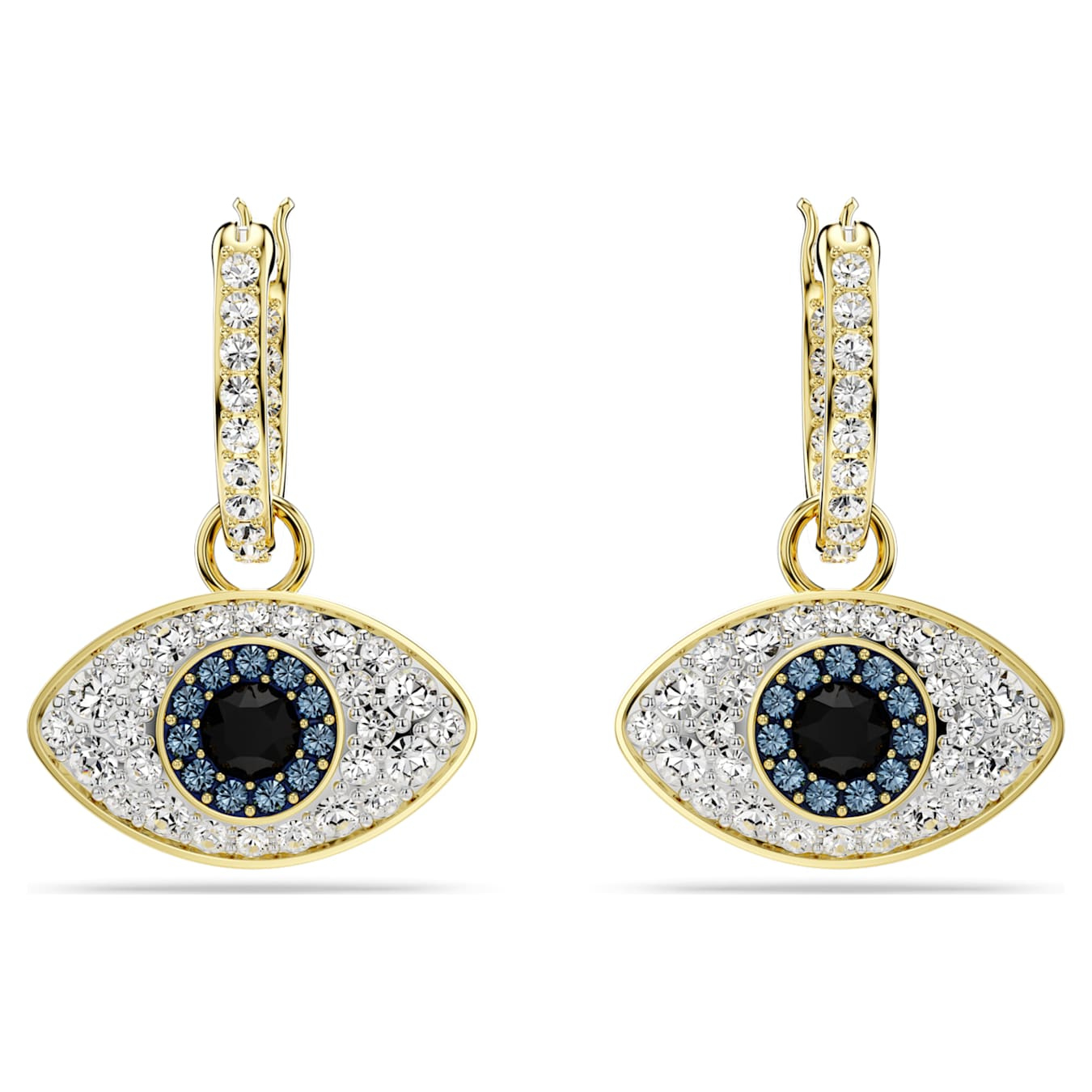 Swarovski Symbolica Drop Earrings with blue evil eye design, gold-tone plated, featuring sparkling crystal accents.